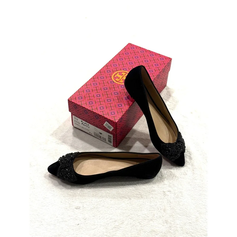 Tory Burch Vanessa Flat Soho Lux Suede Black Crystal Bow Pointed Toe Shoes 8.5